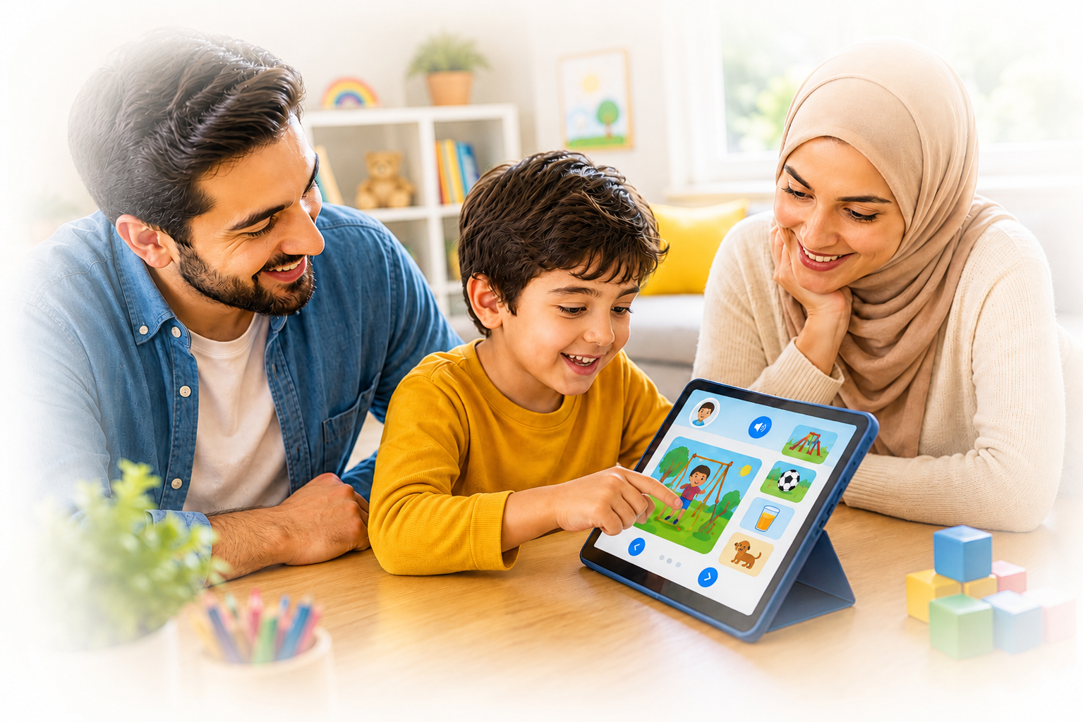 Family supporting a child using a tablet-based communication activity